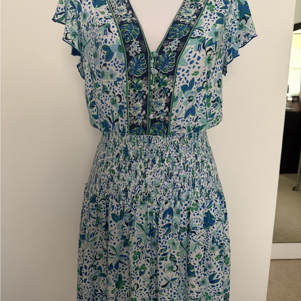 Poupette St. Barth Blue and Green Floral Midi Dress